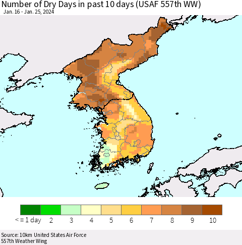 Korea Number of Dry Days in past 10 days (USAF 557th WW) Thematic Map For 1/21/2024 - 1/25/2024