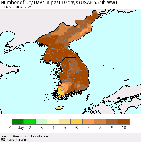 Korea Number of Dry Days in past 10 days (USAF 557th WW) Thematic Map For 1/26/2024 - 1/31/2024
