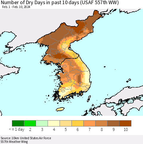 Korea Number of Dry Days in past 10 days (USAF 557th WW) Thematic Map For 2/6/2024 - 2/10/2024