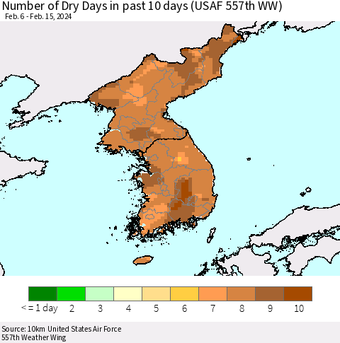 Korea Number of Dry Days in past 10 days (USAF 557th WW) Thematic Map For 2/11/2024 - 2/15/2024