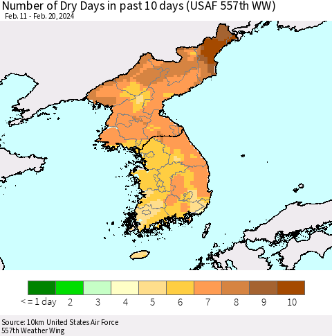 Korea Number of Dry Days in past 10 days (USAF 557th WW) Thematic Map For 2/16/2024 - 2/20/2024