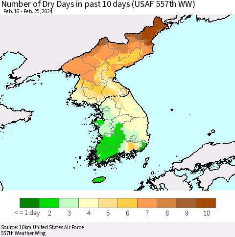 Korea Number of Dry Days in past 10 days (USAF 557th WW) Thematic Map For 2/21/2024 - 2/25/2024
