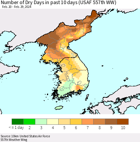 Korea Number of Dry Days in past 10 days (USAF 557th WW) Thematic Map For 2/26/2024 - 2/29/2024