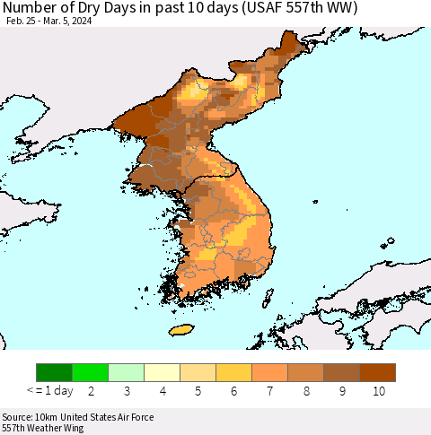 Korea Number of Dry Days in past 10 days (USAF 557th WW) Thematic Map For 3/1/2024 - 3/5/2024