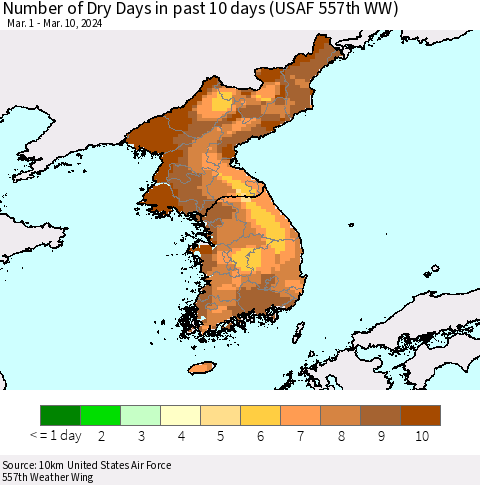 Korea Number of Dry Days in past 10 days (USAF 557th WW) Thematic Map For 3/6/2024 - 3/10/2024
