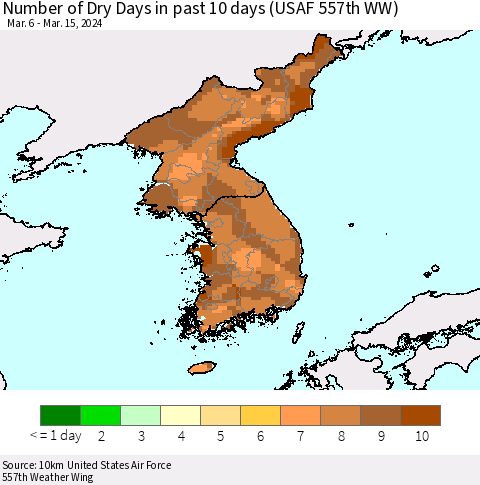 Korea Number of Dry Days in past 10 days (USAF 557th WW) Thematic Map For 3/11/2024 - 3/15/2024
