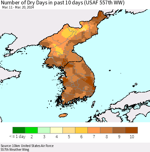 Korea Number of Dry Days in past 10 days (USAF 557th WW) Thematic Map For 3/16/2024 - 3/20/2024