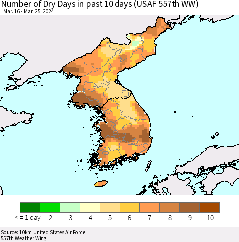 Korea Number of Dry Days in past 10 days (USAF 557th WW) Thematic Map For 3/21/2024 - 3/25/2024