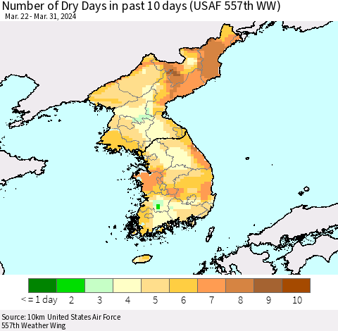 Korea Number of Dry Days in past 10 days (USAF 557th WW) Thematic Map For 3/26/2024 - 3/31/2024