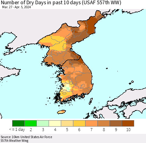 Korea Number of Dry Days in past 10 days (USAF 557th WW) Thematic Map For 4/1/2024 - 4/5/2024