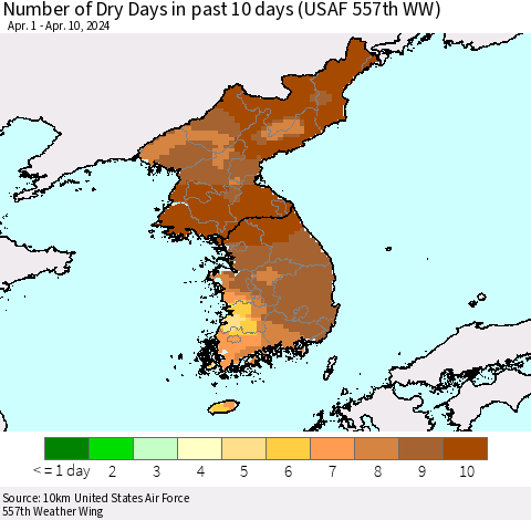 Korea Number of Dry Days in past 10 days (USAF 557th WW) Thematic Map For 4/6/2024 - 4/10/2024