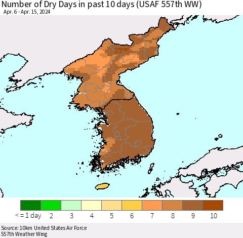 Korea Number of Dry Days in past 10 days (USAF 557th WW) Thematic Map For 4/11/2024 - 4/15/2024