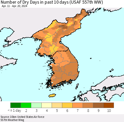 Korea Number of Dry Days in past 10 days (USAF 557th WW) Thematic Map For 4/16/2024 - 4/20/2024