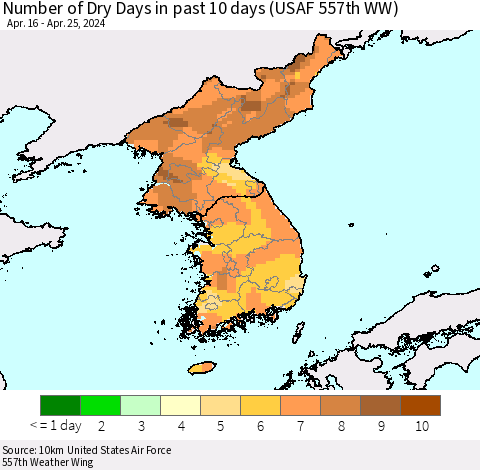 Korea Number of Dry Days in past 10 days (USAF 557th WW) Thematic Map For 4/21/2024 - 4/25/2024