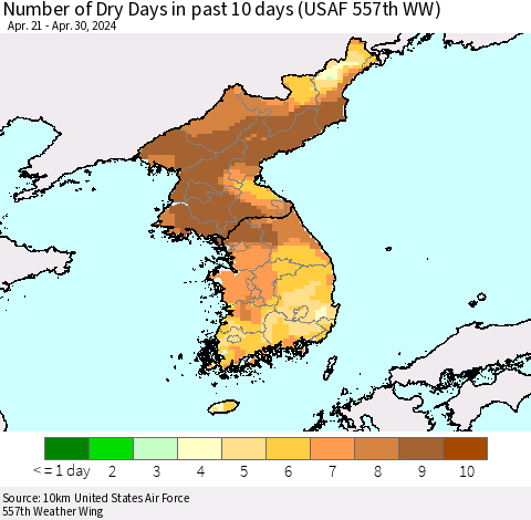 Korea Number of Dry Days in past 10 days (USAF 557th WW) Thematic Map For 4/26/2024 - 4/30/2024