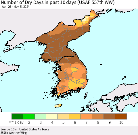 Korea Number of Dry Days in past 10 days (USAF 557th WW) Thematic Map For 5/1/2024 - 5/5/2024