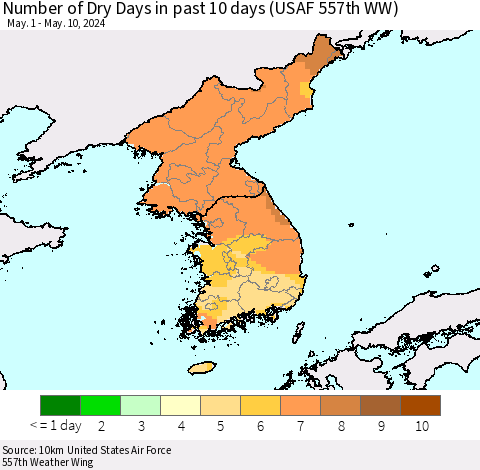 Korea Number of Dry Days in past 10 days (USAF 557th WW) Thematic Map For 5/6/2024 - 5/10/2024