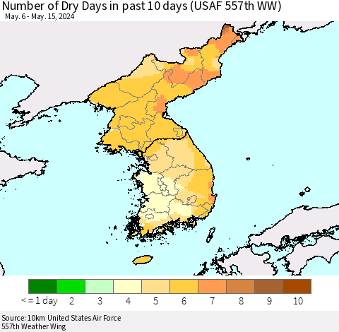 Korea Number of Dry Days in past 10 days (USAF 557th WW) Thematic Map For 5/11/2024 - 5/15/2024