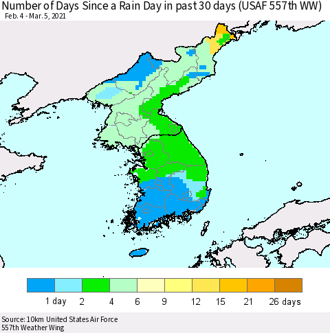 Korea Number of Days Since a Rain Day in past 30 days (USAF 557th WW) Thematic Map For 3/1/2021 - 3/5/2021