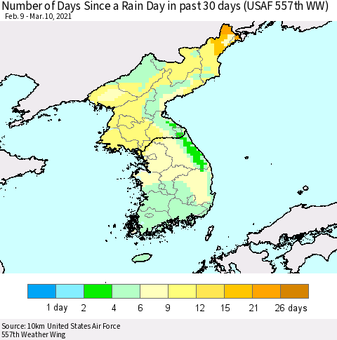 Korea Number of Days Since a Rain Day in past 30 days (USAF 557th WW) Thematic Map For 3/6/2021 - 3/10/2021