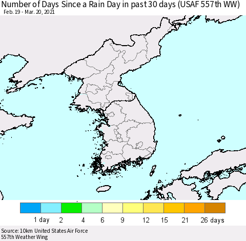 Korea Number of Days Since a Rain Day in past 30 days (USAF 557th WW) Thematic Map For 3/16/2021 - 3/20/2021