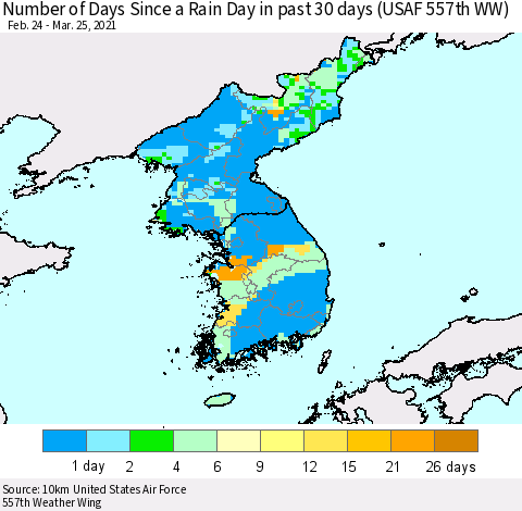 Korea Number of Days Since a Rain Day in past 30 days (USAF 557th WW) Thematic Map For 3/21/2021 - 3/25/2021