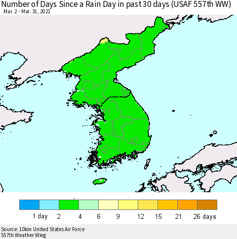 Korea Number of Days Since a Rain Day in past 30 days (USAF 557th WW) Thematic Map For 3/26/2021 - 3/31/2021