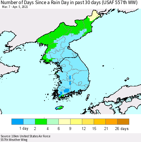 Korea Number of Days Since a Rain Day in past 30 days (USAF 557th WW) Thematic Map For 4/1/2021 - 4/5/2021