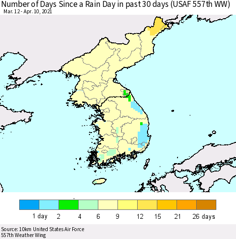 Korea Number of Days Since a Rain Day in past 30 days (USAF 557th WW) Thematic Map For 4/6/2021 - 4/10/2021