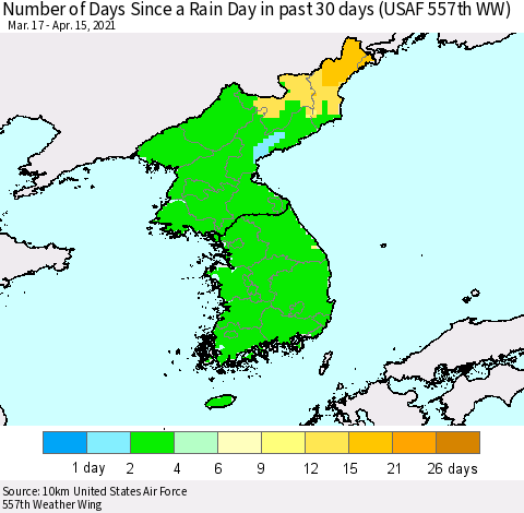 Korea Number of Days Since a Rain Day in past 30 days (USAF 557th WW) Thematic Map For 4/11/2021 - 4/15/2021