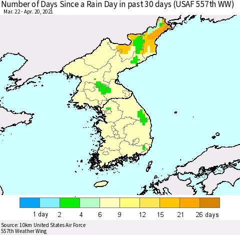 Korea Number of Days Since a Rain Day in past 30 days (USAF 557th WW) Thematic Map For 4/16/2021 - 4/20/2021