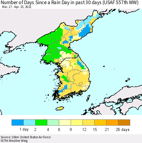 Korea Number of Days Since a Rain Day in past 30 days (USAF 557th WW) Thematic Map For 4/21/2021 - 4/25/2021