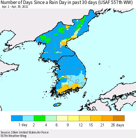 Korea Number of Days Since a Rain Day in past 30 days (USAF 557th WW) Thematic Map For 4/26/2021 - 4/30/2021