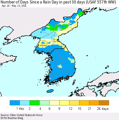 Korea Number of Days Since a Rain Day in past 30 days (USAF 557th WW) Thematic Map For 5/11/2021 - 5/15/2021