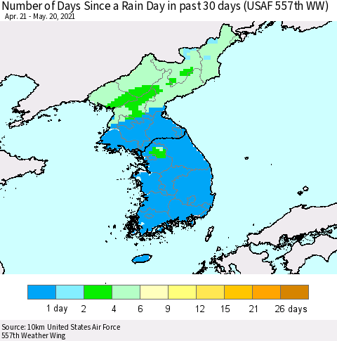 Korea Number of Days Since a Rain Day in past 30 days (USAF 557th WW) Thematic Map For 5/16/2021 - 5/20/2021