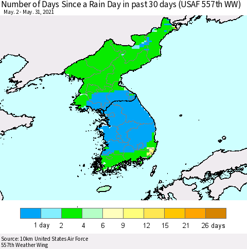 Korea Number of Days Since a Rain Day in past 30 days (USAF 557th WW) Thematic Map For 5/26/2021 - 5/31/2021