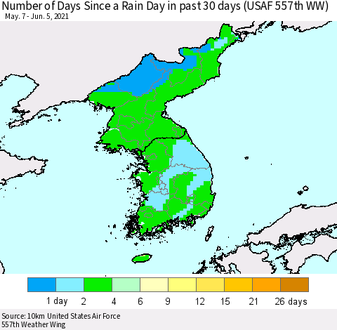 Korea Number of Days Since a Rain Day in past 30 days (USAF 557th WW) Thematic Map For 6/1/2021 - 6/5/2021