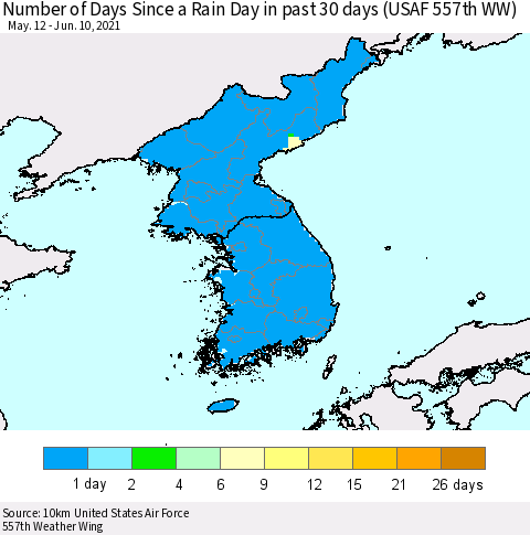 Korea Number of Days Since a Rain Day in past 30 days (USAF 557th WW) Thematic Map For 6/6/2021 - 6/10/2021