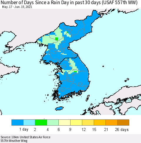 Korea Number of Days Since a Rain Day in past 30 days (USAF 557th WW) Thematic Map For 6/11/2021 - 6/15/2021