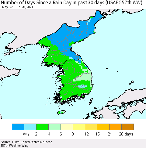 Korea Number of Days Since a Rain Day in past 30 days (USAF 557th WW) Thematic Map For 6/16/2021 - 6/20/2021
