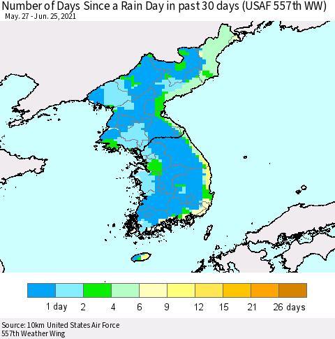 Korea Number of Days Since a Rain Day in past 30 days (USAF 557th WW) Thematic Map For 6/21/2021 - 6/25/2021