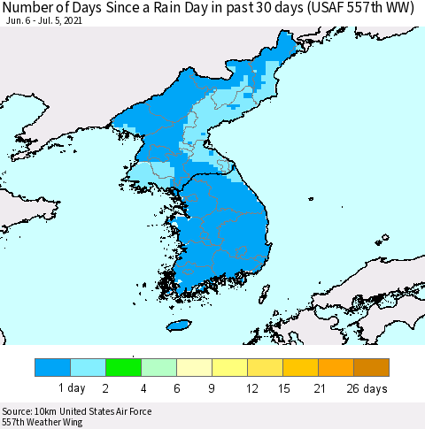 Korea Number of Days Since a Rain Day in past 30 days (USAF 557th WW) Thematic Map For 7/1/2021 - 7/5/2021