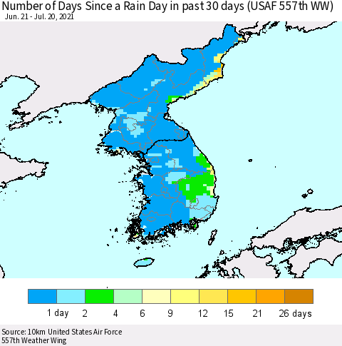 Korea Number of Days Since a Rain Day in past 30 days (USAF 557th WW) Thematic Map For 7/16/2021 - 7/20/2021
