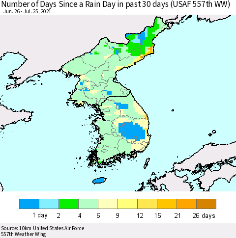 Korea Number of Days Since a Rain Day in past 30 days (USAF 557th WW) Thematic Map For 7/21/2021 - 7/25/2021