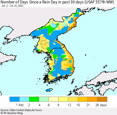 Korea Number of Days Since a Rain Day in past 30 days (USAF 557th WW) Thematic Map For 7/26/2021 - 7/31/2021