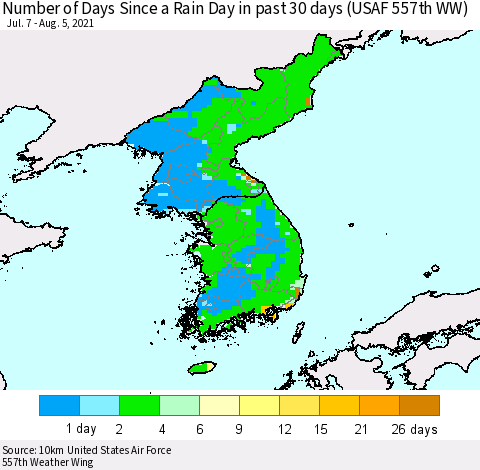 Korea Number of Days Since a Rain Day in past 30 days (USAF 557th WW) Thematic Map For 8/1/2021 - 8/5/2021