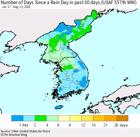 Korea Number of Days Since a Rain Day in past 30 days (USAF 557th WW) Thematic Map For 8/11/2021 - 8/15/2021