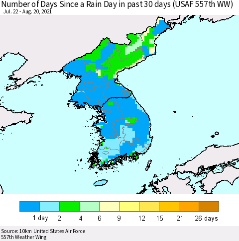 Korea Number of Days Since a Rain Day in past 30 days (USAF 557th WW) Thematic Map For 8/16/2021 - 8/20/2021