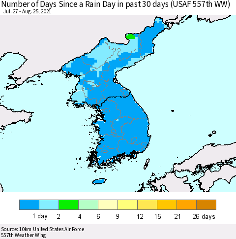 Korea Number of Days Since a Rain Day in past 30 days (USAF 557th WW) Thematic Map For 8/21/2021 - 8/25/2021