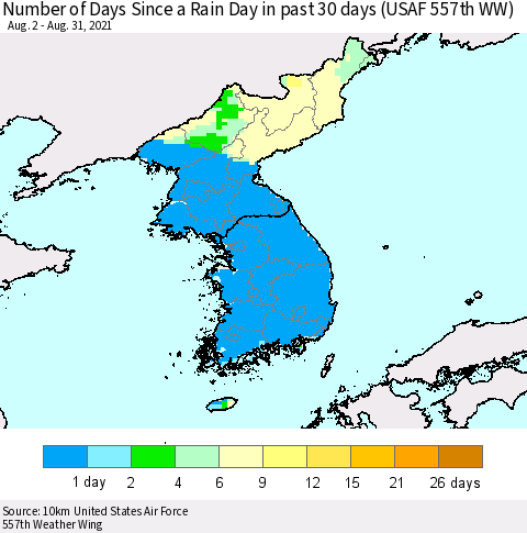 Korea Number of Days Since a Rain Day in past 30 days (USAF 557th WW) Thematic Map For 8/26/2021 - 8/31/2021